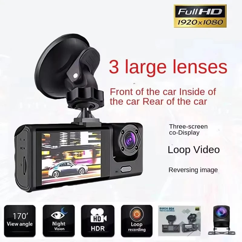 3 Channel Car DVR HD 1080P 3-Lens Inside Dashcam Camcorder
