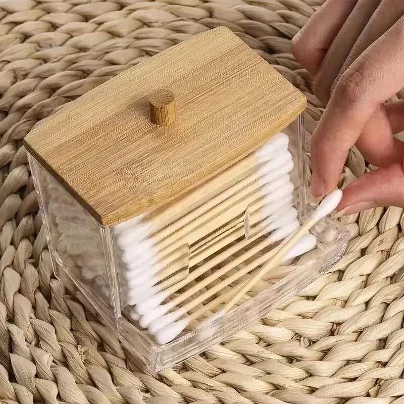Transparent Square Bamboo Cover Cotton Swab Organize Box
