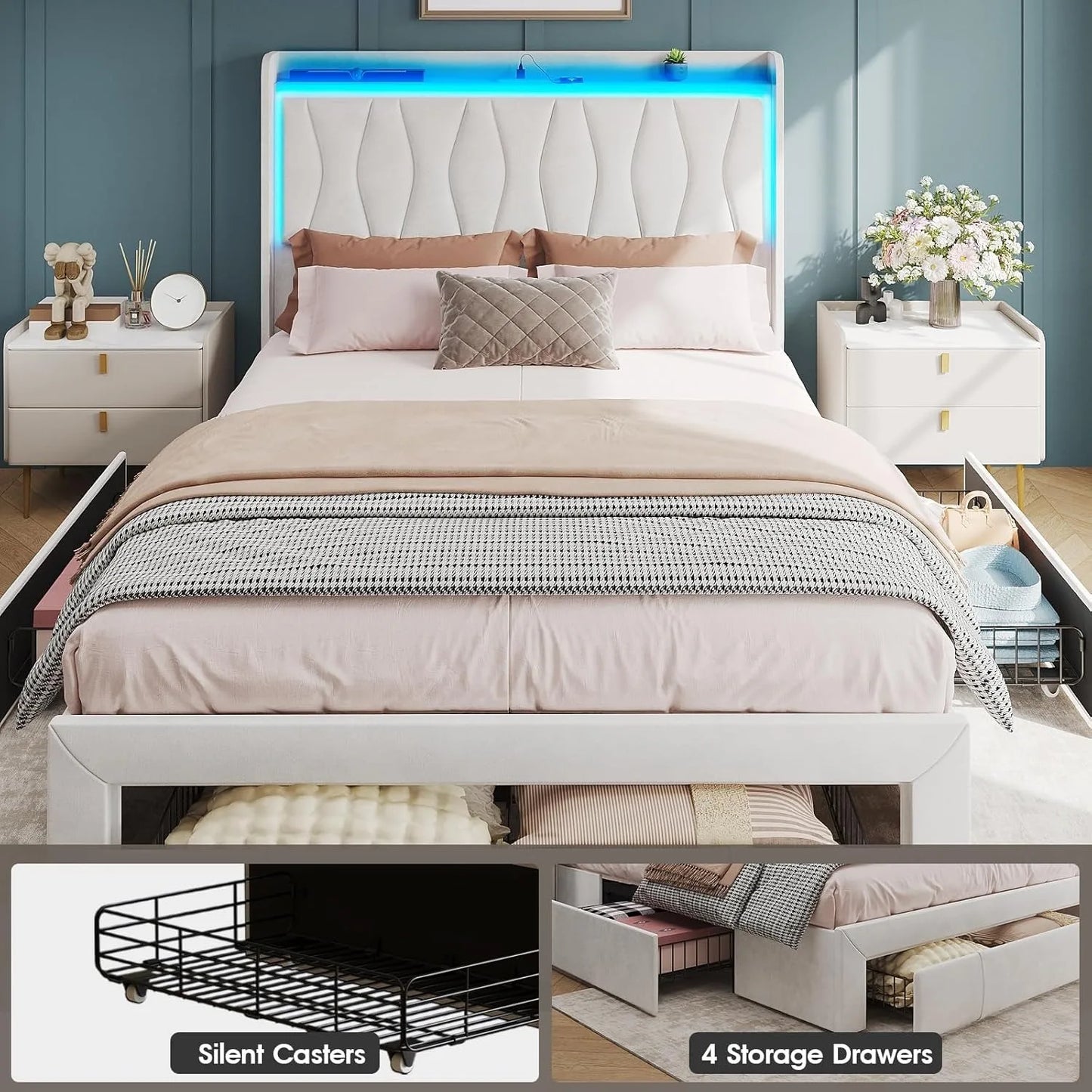Queen Size Bed Frame with LED Light and 3 Drawers Storage - WORLDZii