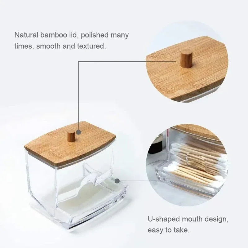 Transparent Square Bamboo Cover Cotton Swab Organize Box