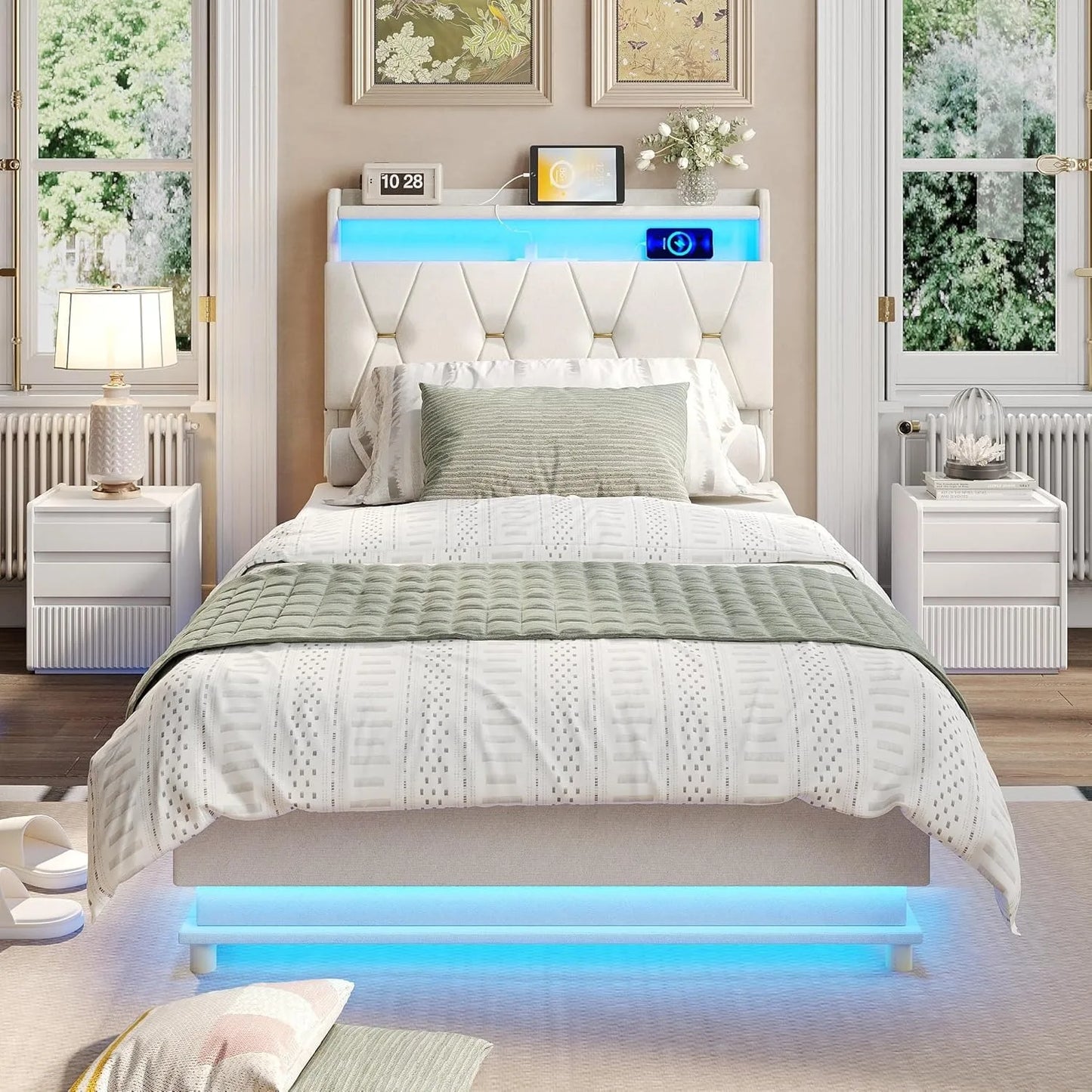 Twin Size Lift Up Storage Bed Frame with LED Lights Upholstered - WORLDZii
