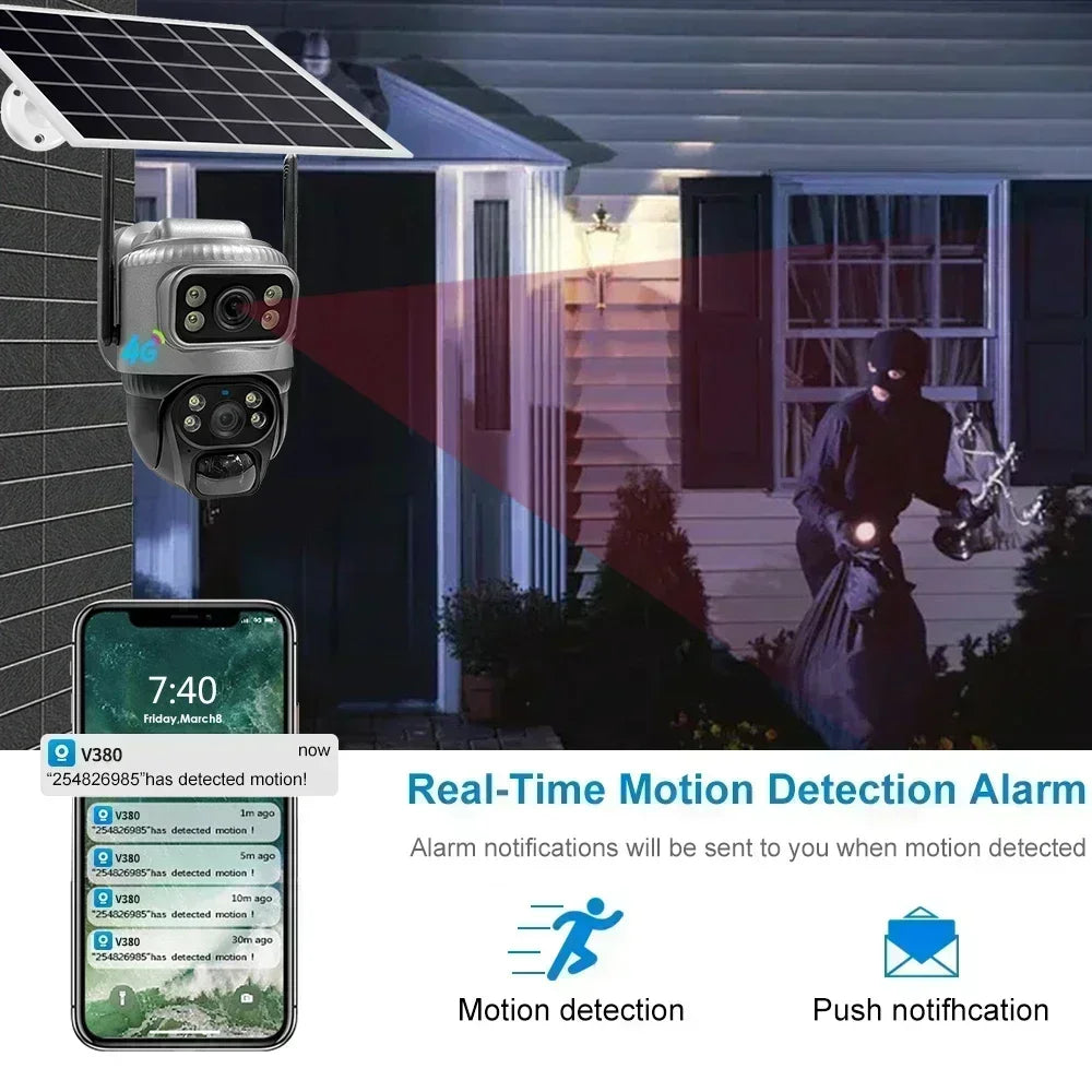 V380 Dual Lens 4G Solar Camera with Human Detection Night Vision
