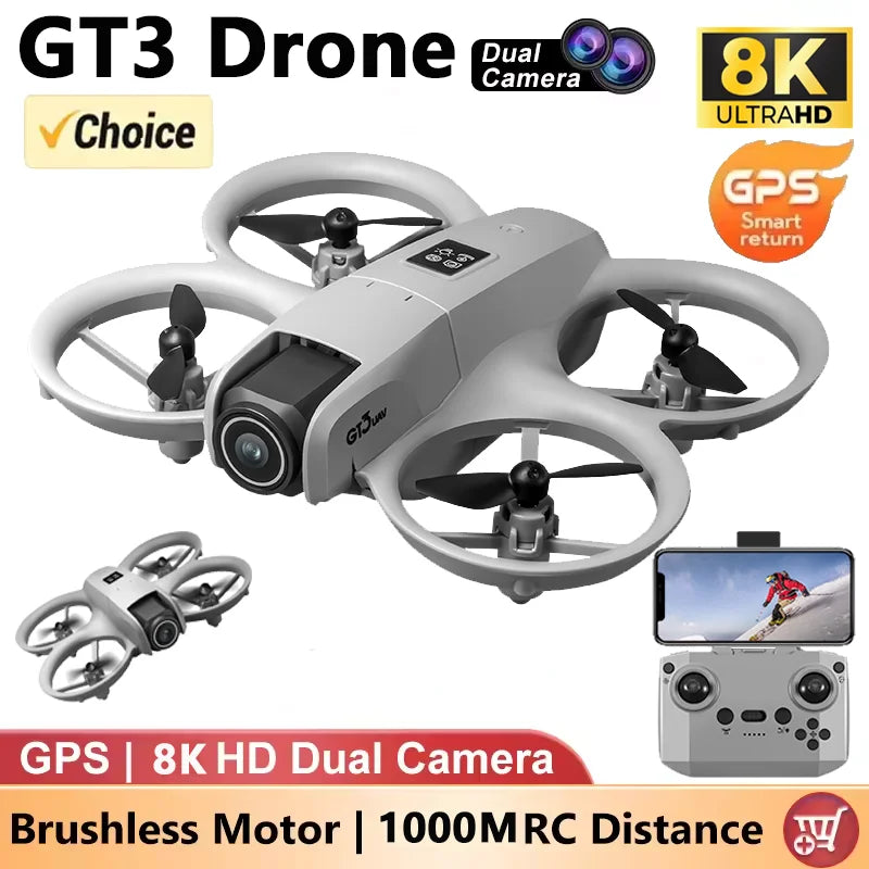 NEW Drones GT3 GPS 8K Professional HD 180° Dual Cameras 5G WIFI Brushless Motors Obstacle Avoidance FPV Foldable Quadcopter Toys - WORLDZii