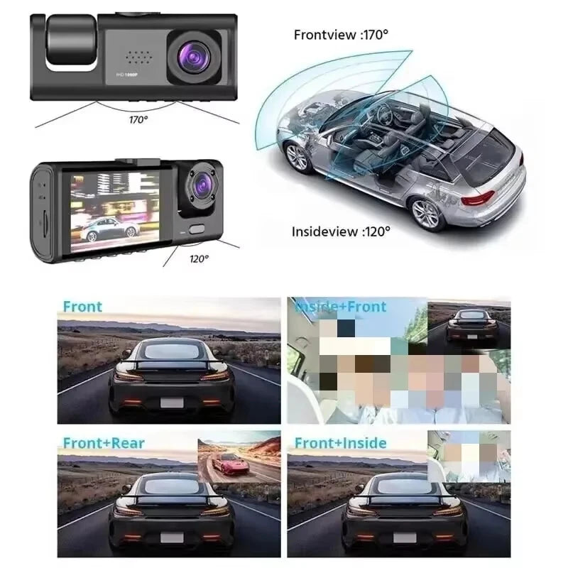 3 Channel Car DVR HD 1080P 3-Lens Inside Dashcam Camcorder