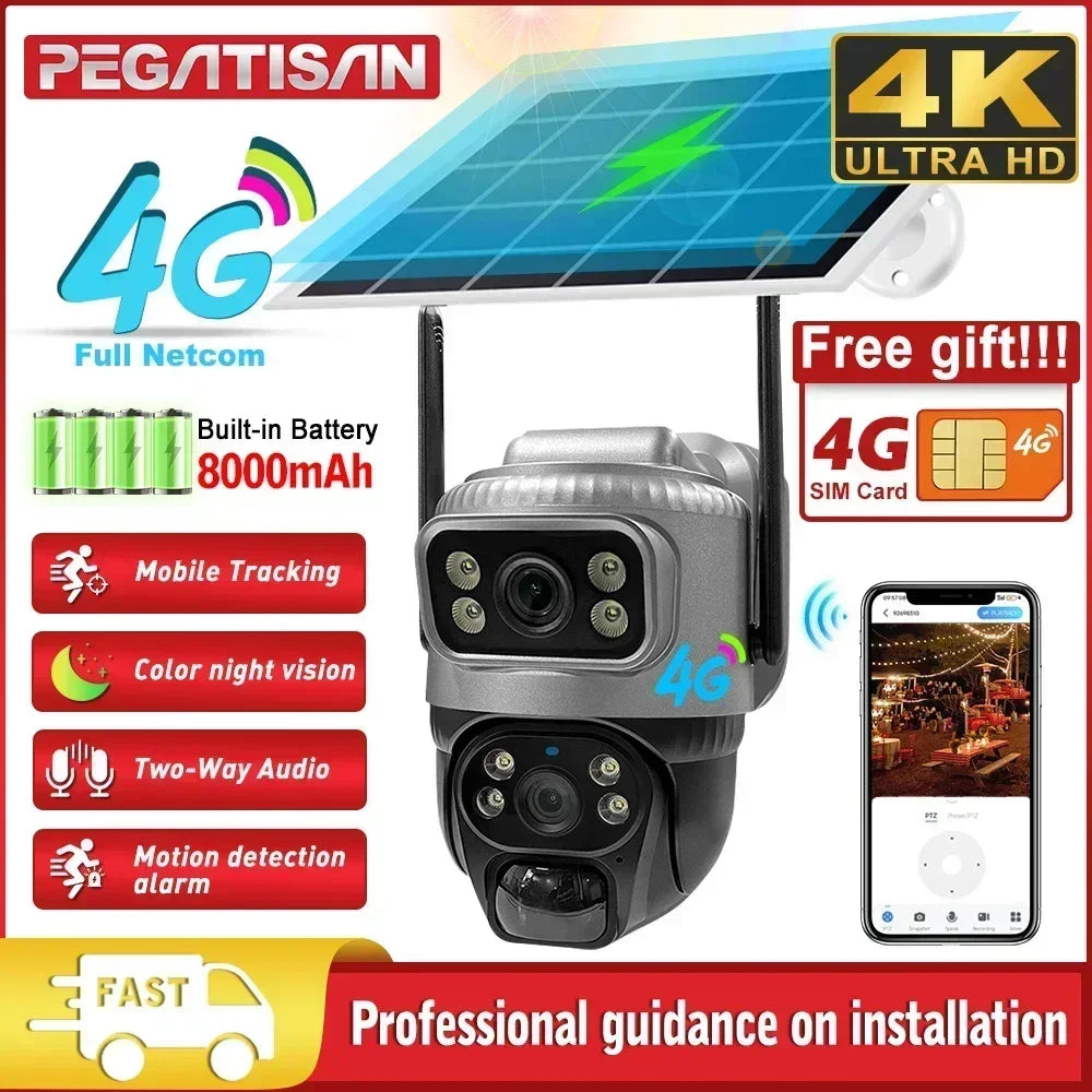 V380 Dual Lens 4G Solar Camera with Human Detection Night Vision