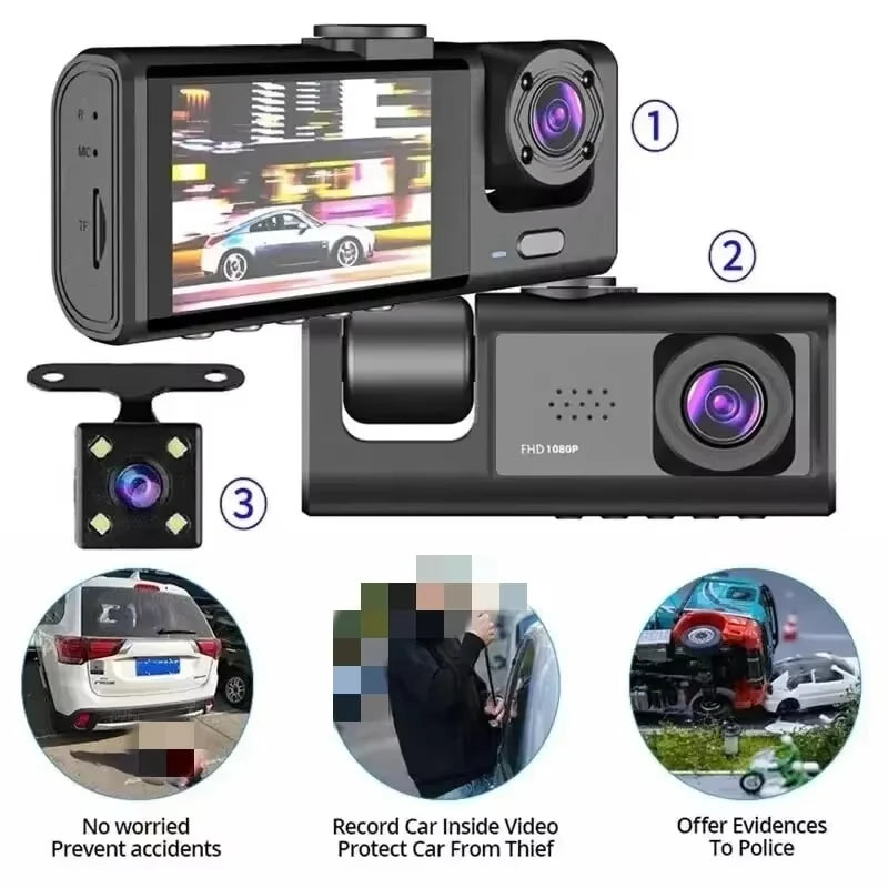 3 Channel Car DVR HD 1080P 3-Lens Inside Dashcam Camcorder