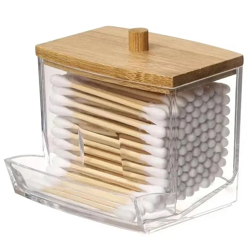 Transparent Square Bamboo Cover Cotton Swab Organize Box