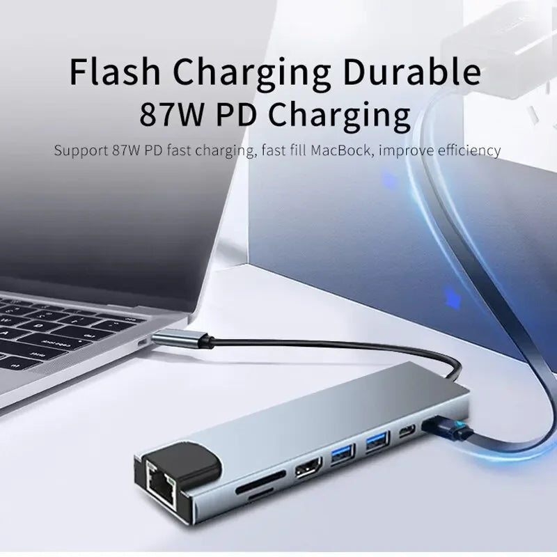 USB 8 In 1 Type C 3-1 To 4k HD TV Hub Adapter With SD TF RJ45 Card Reader - WORLDZii