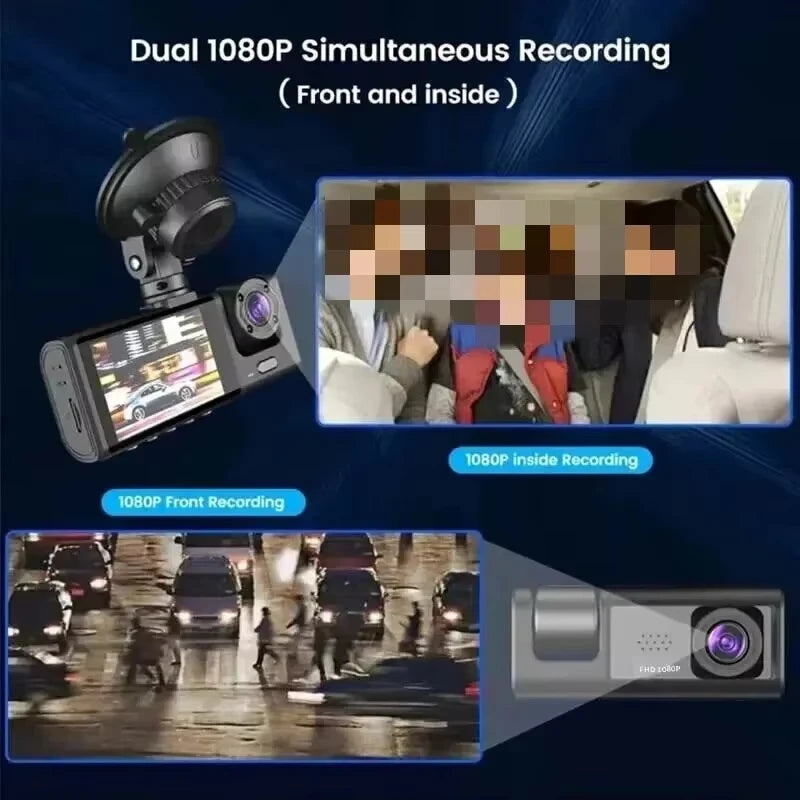 3 Channel Car DVR HD 1080P 3-Lens Inside Dashcam Camcorder