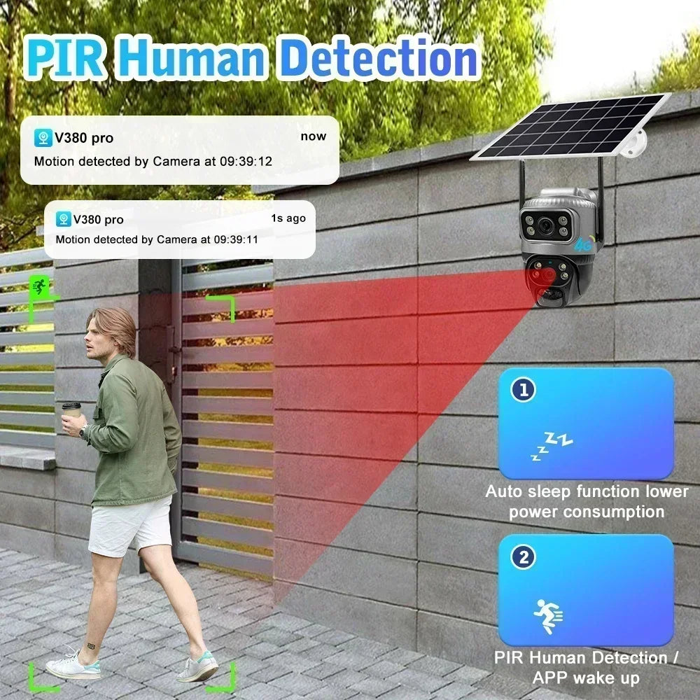 V380 Dual Lens 4G Solar Camera with Human Detection Night Vision