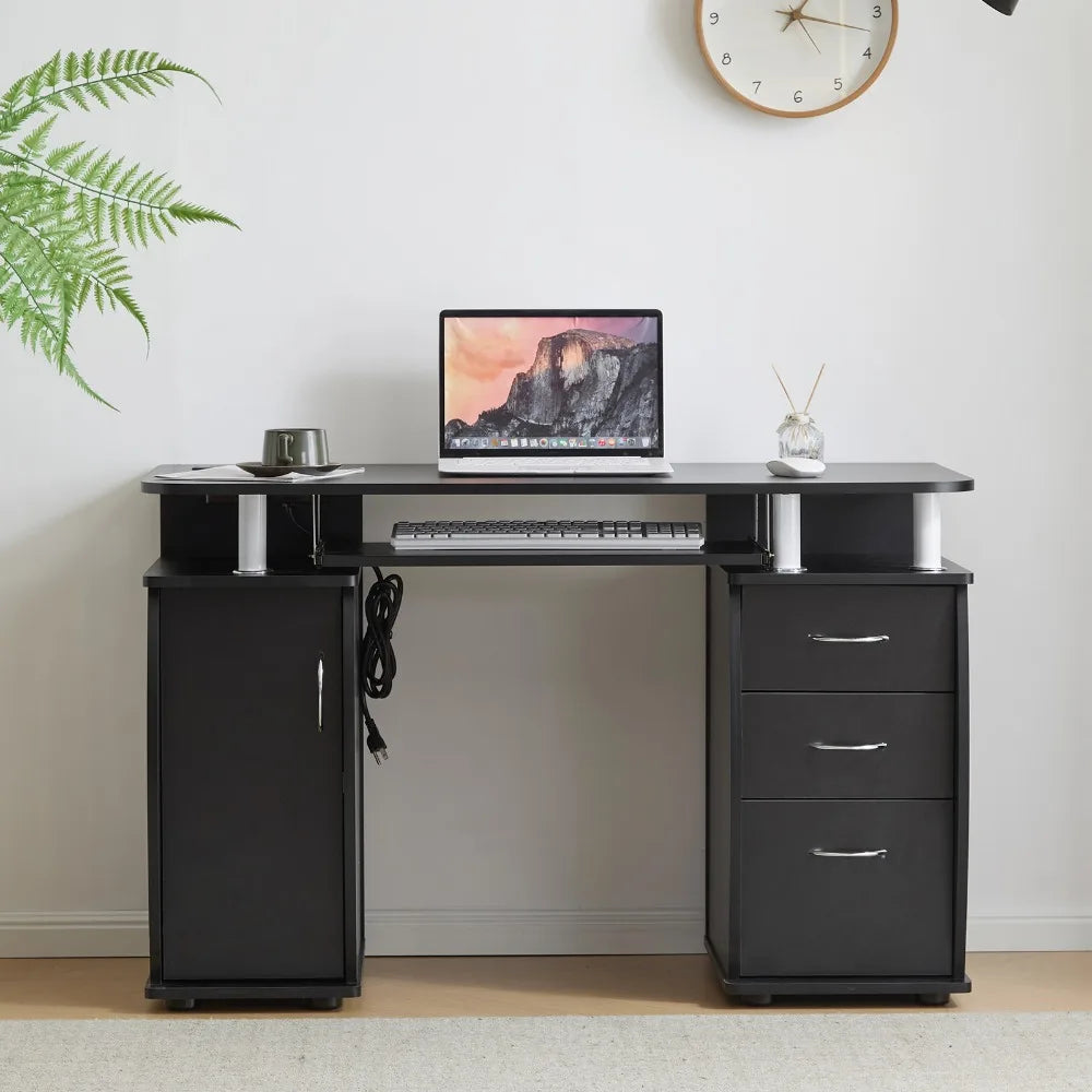 115* 55*74cm Black PB Wood 15mm Portable 1pc Door with 3pcs Drawers Computer Desk - WORLDZii