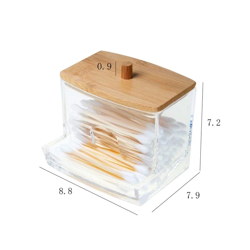 Transparent Square Bamboo Cover Cotton Swab Organize Box