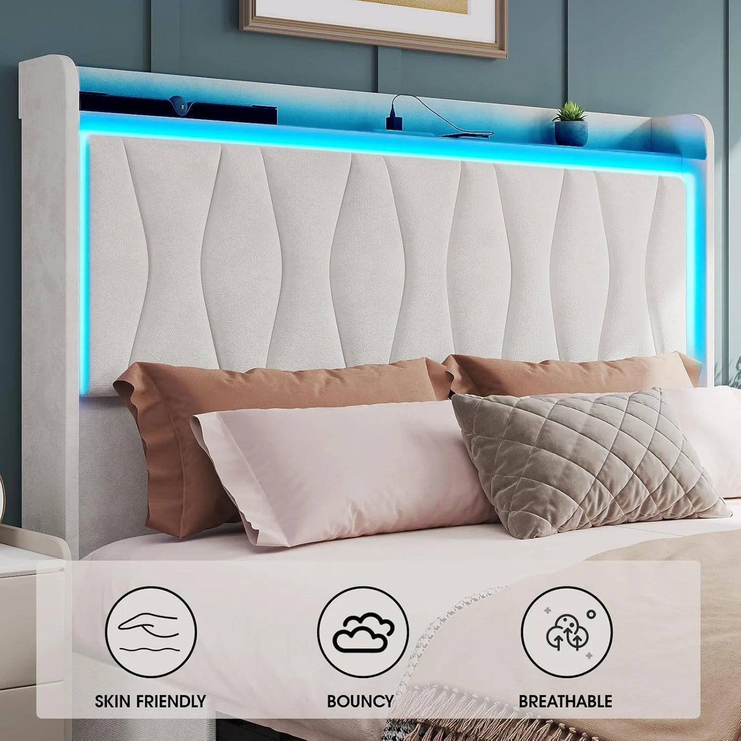 Queen Size Bed Frame with LED Light and 3 Drawers Storage - WORLDZii