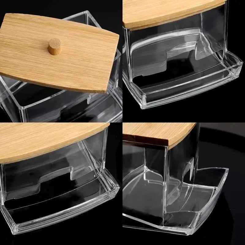 Transparent Square Bamboo Cover Cotton Swab Organize Box