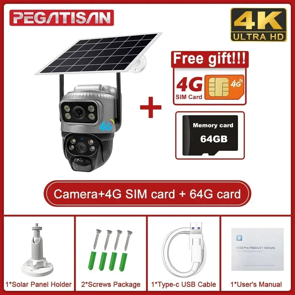 V380 Dual Lens 4G Solar Camera with Human Detection Night Vision