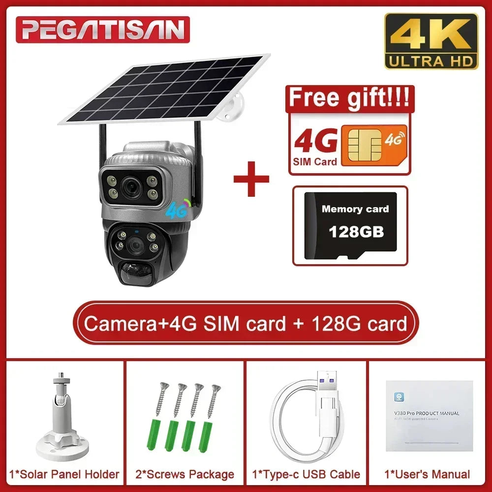 V380 Dual Lens 4G Solar Camera with Human Detection Night Vision