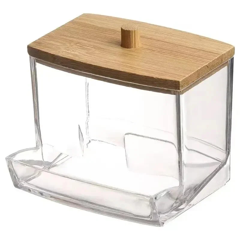 Transparent Square Bamboo Cover Cotton Swab Organize Box