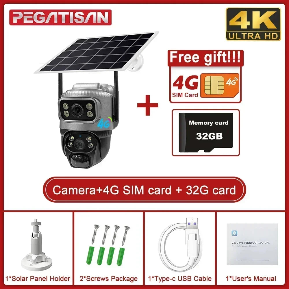 V380 Dual Lens 4G Solar Camera with Human Detection Night Vision