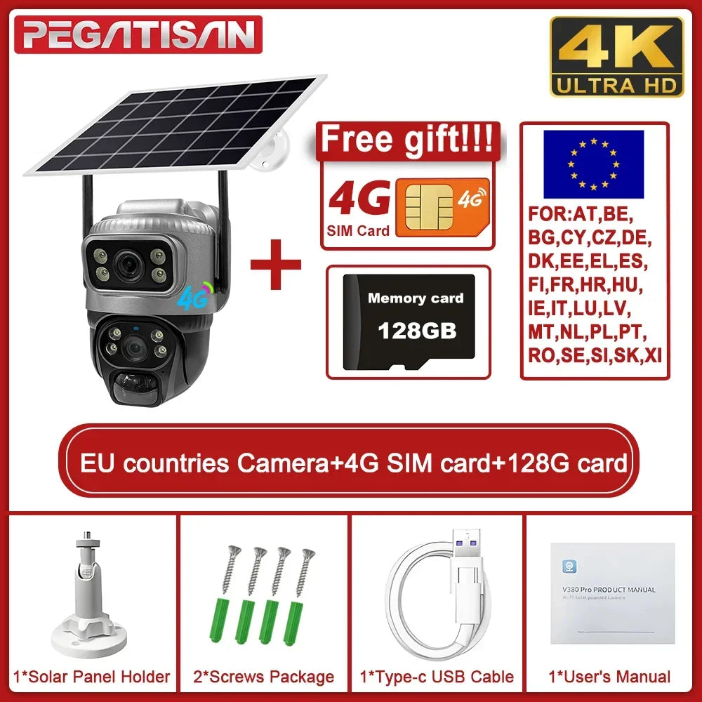 V380 Dual Lens 4G Solar Camera with Human Detection Night Vision
