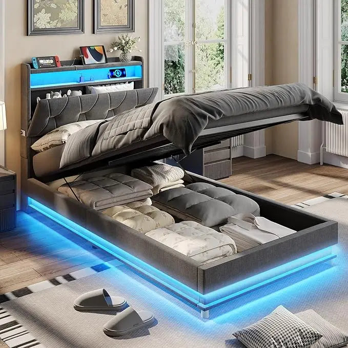 Twin Size Lift Up Storage Bed Frame with LED Lights Upholstered - WORLDZii