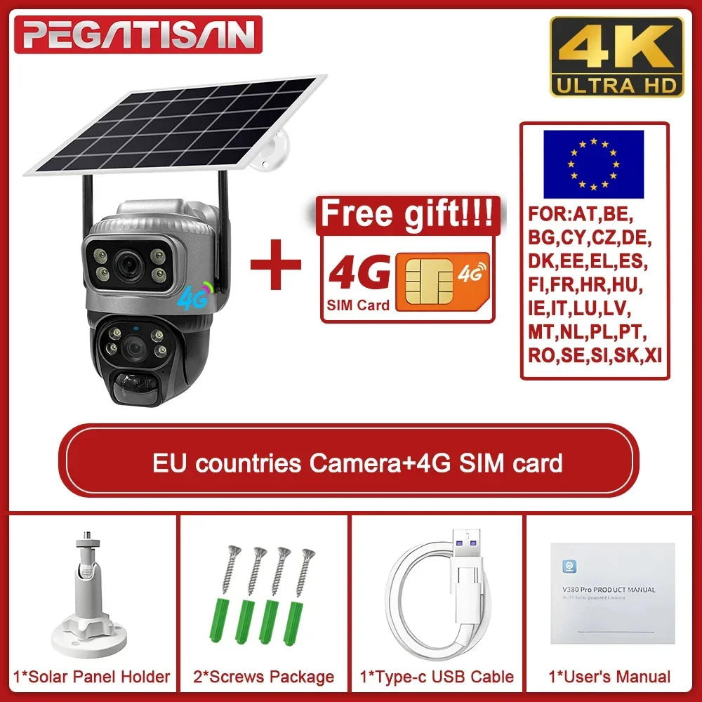 V380 Dual Lens 4G Solar Camera with Human Detection Night Vision