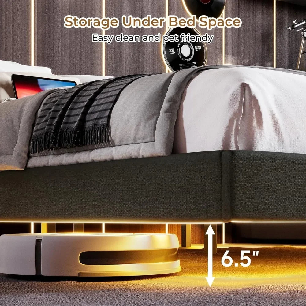 Floating Bed Frame with RGB LED Lights and Type-C & USB Ports - WORLDZii