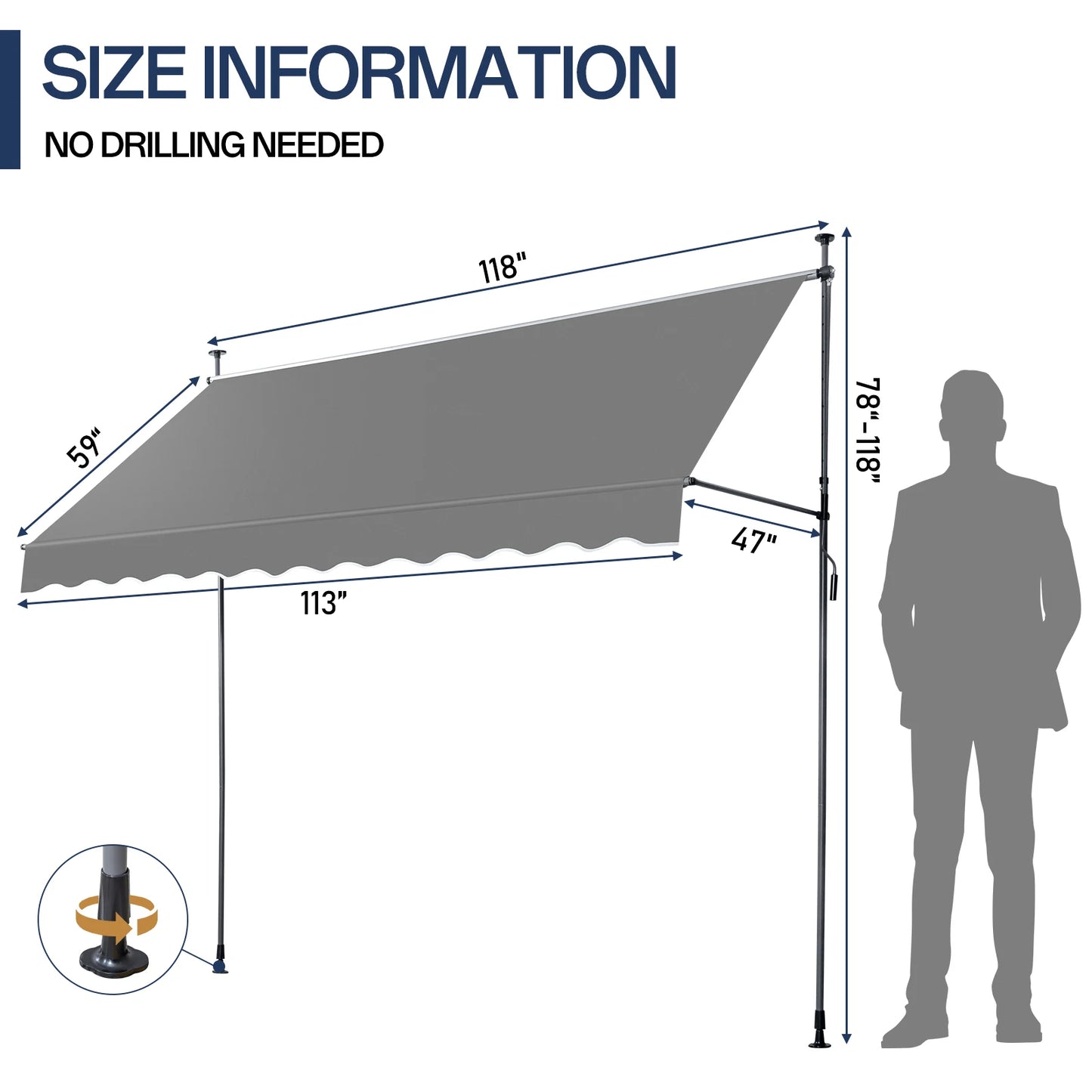 118.1"D X 47.2"W X(78.7 -118.1)"H Retractable Awning Gray - WORLDZii