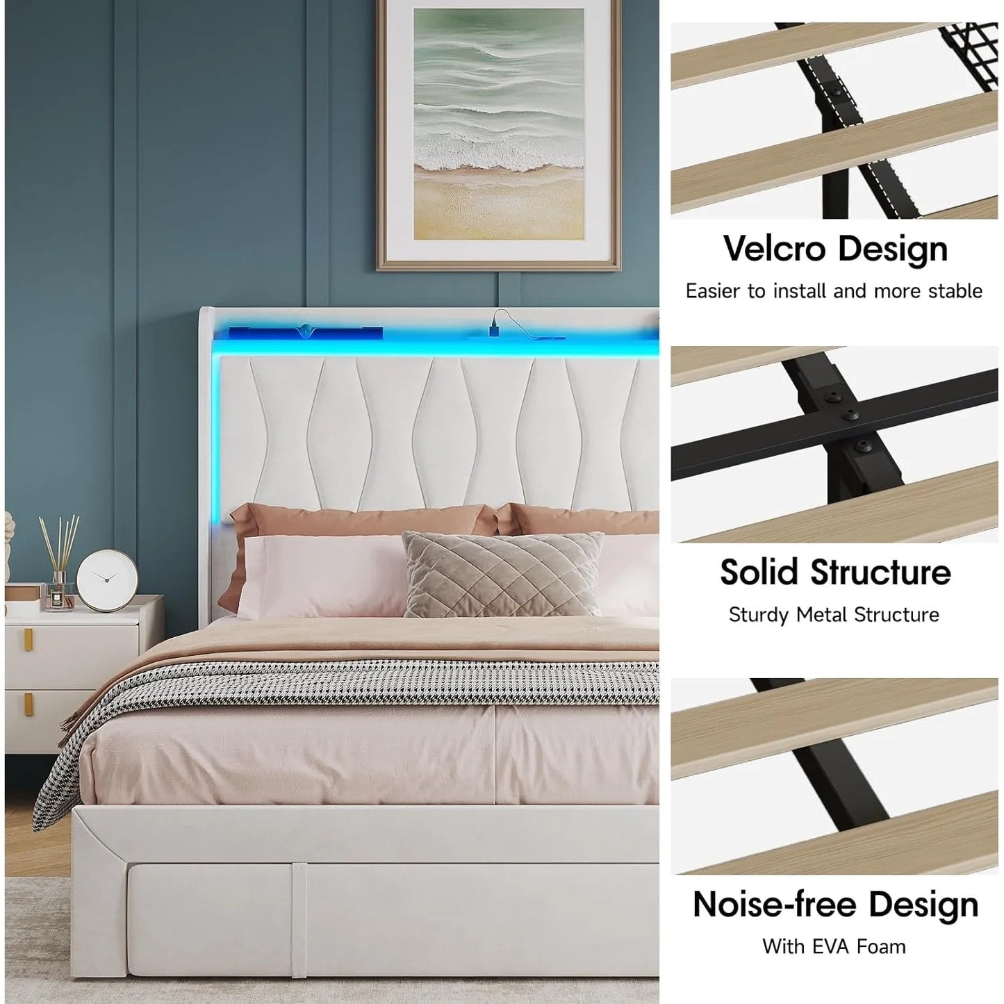 Queen Size Bed Frame with LED Light and 3 Drawers Storage - WORLDZii