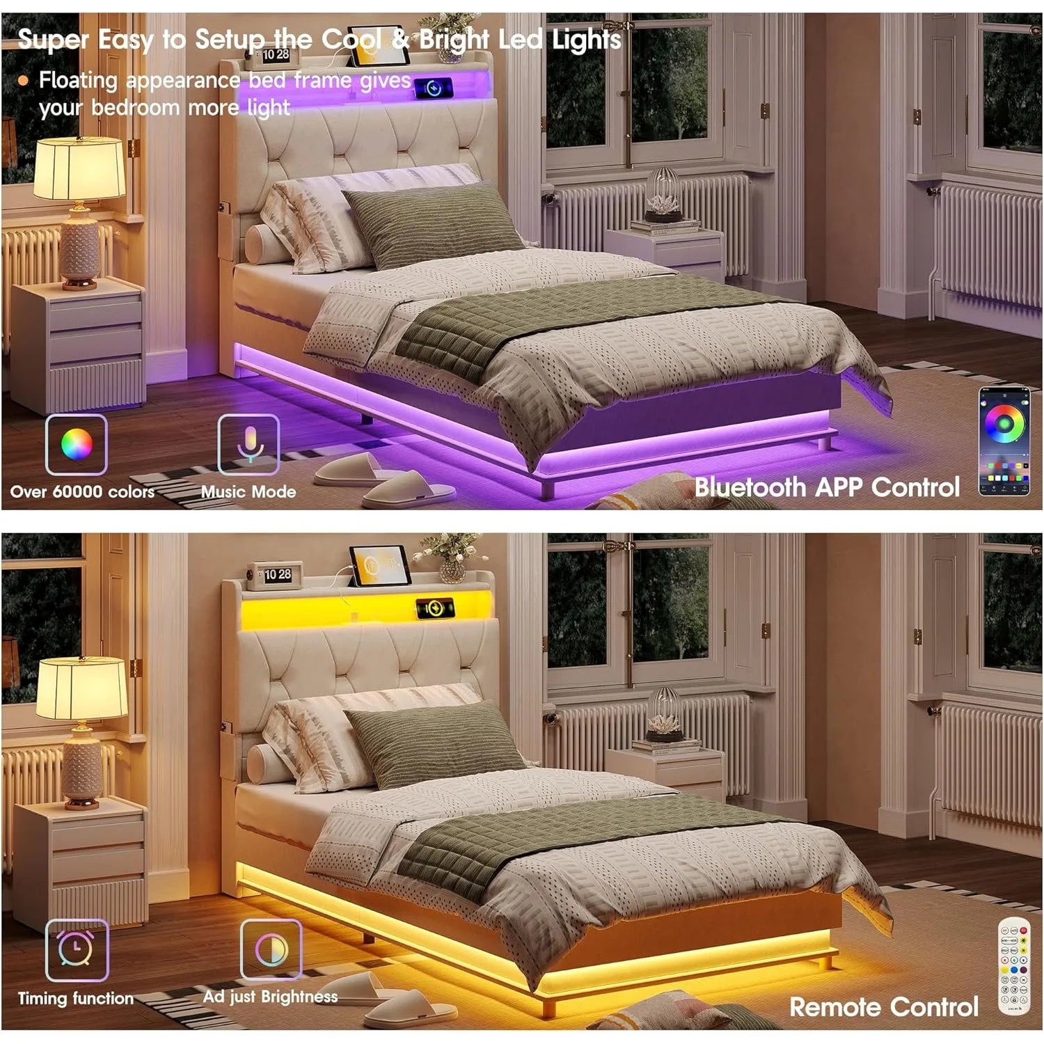 Twin Size Lift Up Storage Bed Frame with LED Lights Upholstered - WORLDZii