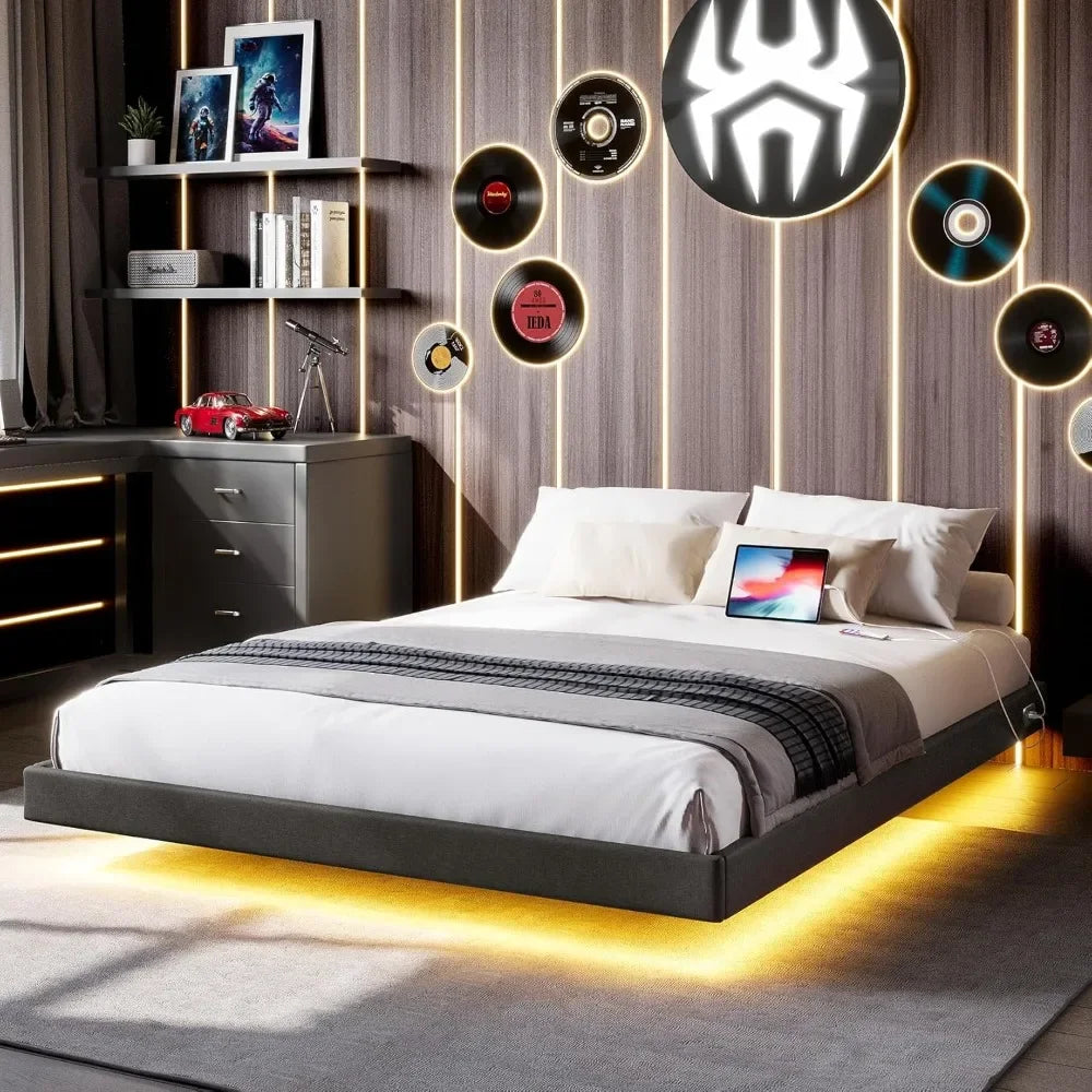 Floating Bed Frame with RGB LED Lights and Type-C & USB Ports - WORLDZii