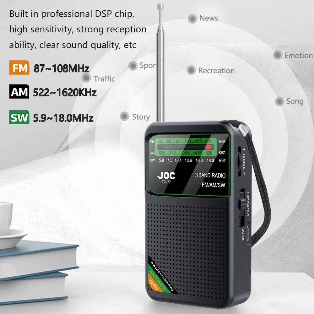 Pocket Mini Radio AM/FM/SW Portable Radio Batteries Rechargeable Supports Connect Wired Earphone Portable FM Radio Receiver