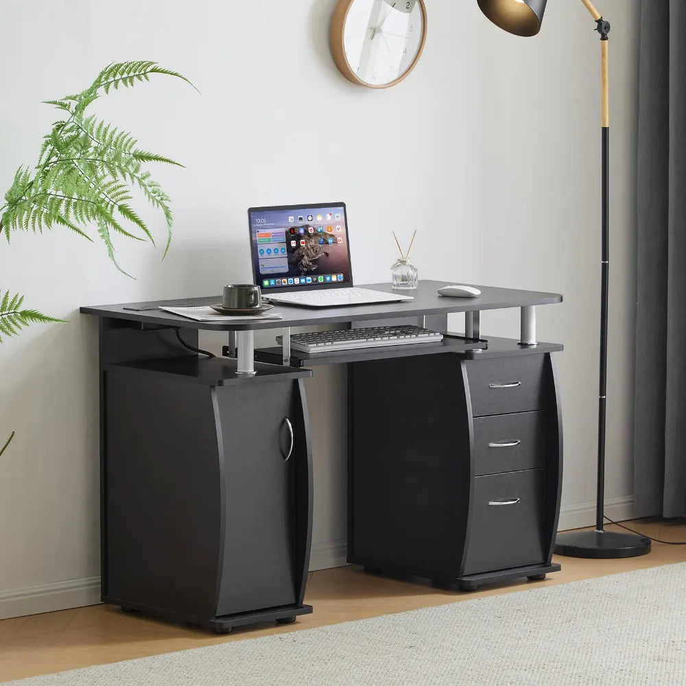 115* 55*74cm Black PB Wood 15mm Portable 1pc Door with 3pcs Drawers Computer Desk - WORLDZii