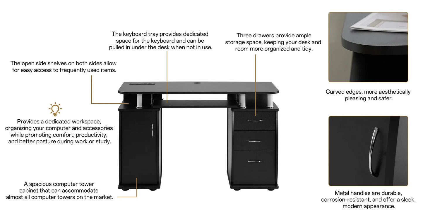 115* 55*74cm Black PB Wood 15mm Portable 1pc Door with 3pcs Drawers Computer Desk - WORLDZii