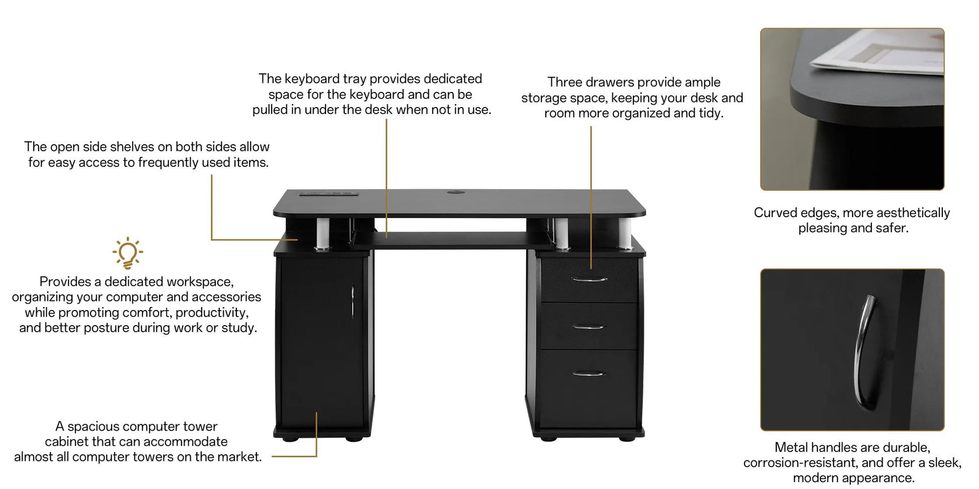 115* 55*74cm Black PB Wood 15mm Portable 1pc Door with 3pcs Drawers Computer Desk - WORLDZii