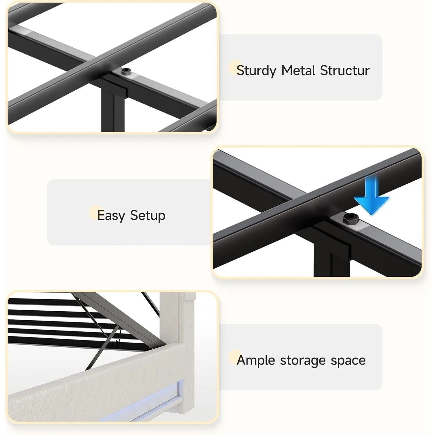 Twin Size Lift Up Storage Bed Frame with LED Lights Upholstered - WORLDZii