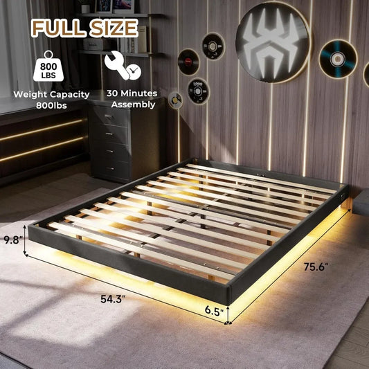 Floating Bed Frame with RGB LED Lights and Type-C & USB Ports - WORLDZii
