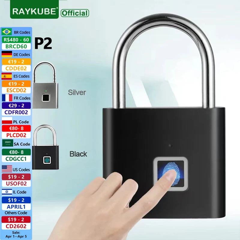 RAYKUBE P2 Smart Fingerprint Padlock With Built-in Rechargeable Battery - WORLDZii