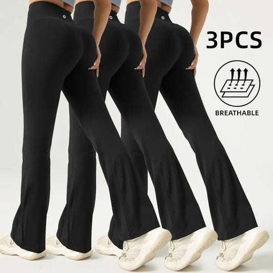 3Pcs women's High Waist Ruched Flare Leggings - WORLDZii