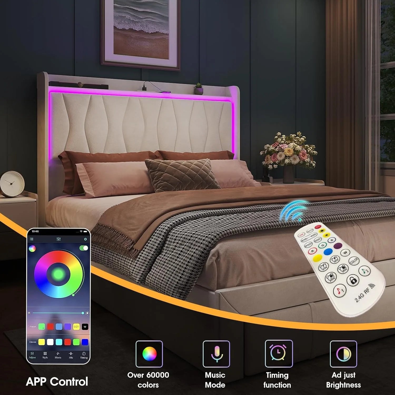 Queen Size Bed Frame with LED Light and 3 Drawers Storage - WORLDZii