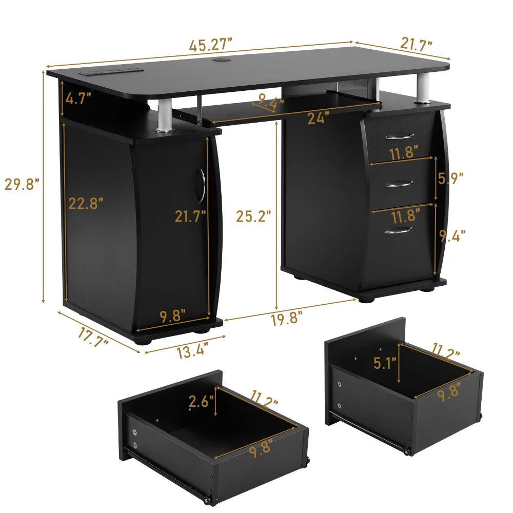 115* 55*74cm Black PB Wood 15mm Portable 1pc Door with 3pcs Drawers Computer Desk - WORLDZii