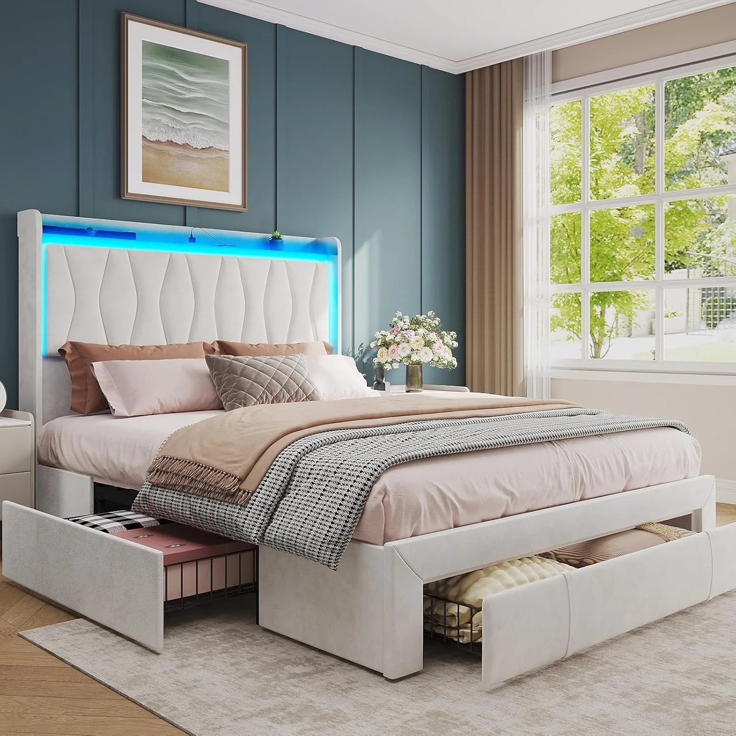Queen Size Bed Frame with LED Light and 3 Drawers Storage - WORLDZii