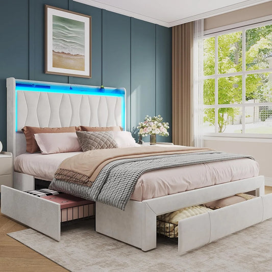 Queen Size Bed Frame with LED Light and 3 Drawers Storage - WORLDZii