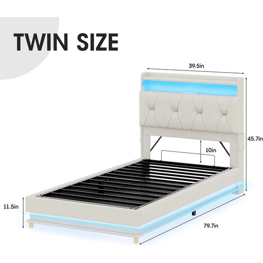Twin Size Lift Up Storage Bed Frame with LED Lights Upholstered - WORLDZii