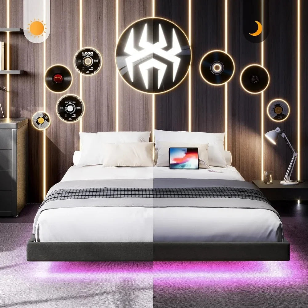 Floating Bed Frame with RGB LED Lights and Type-C & USB Ports - WORLDZii