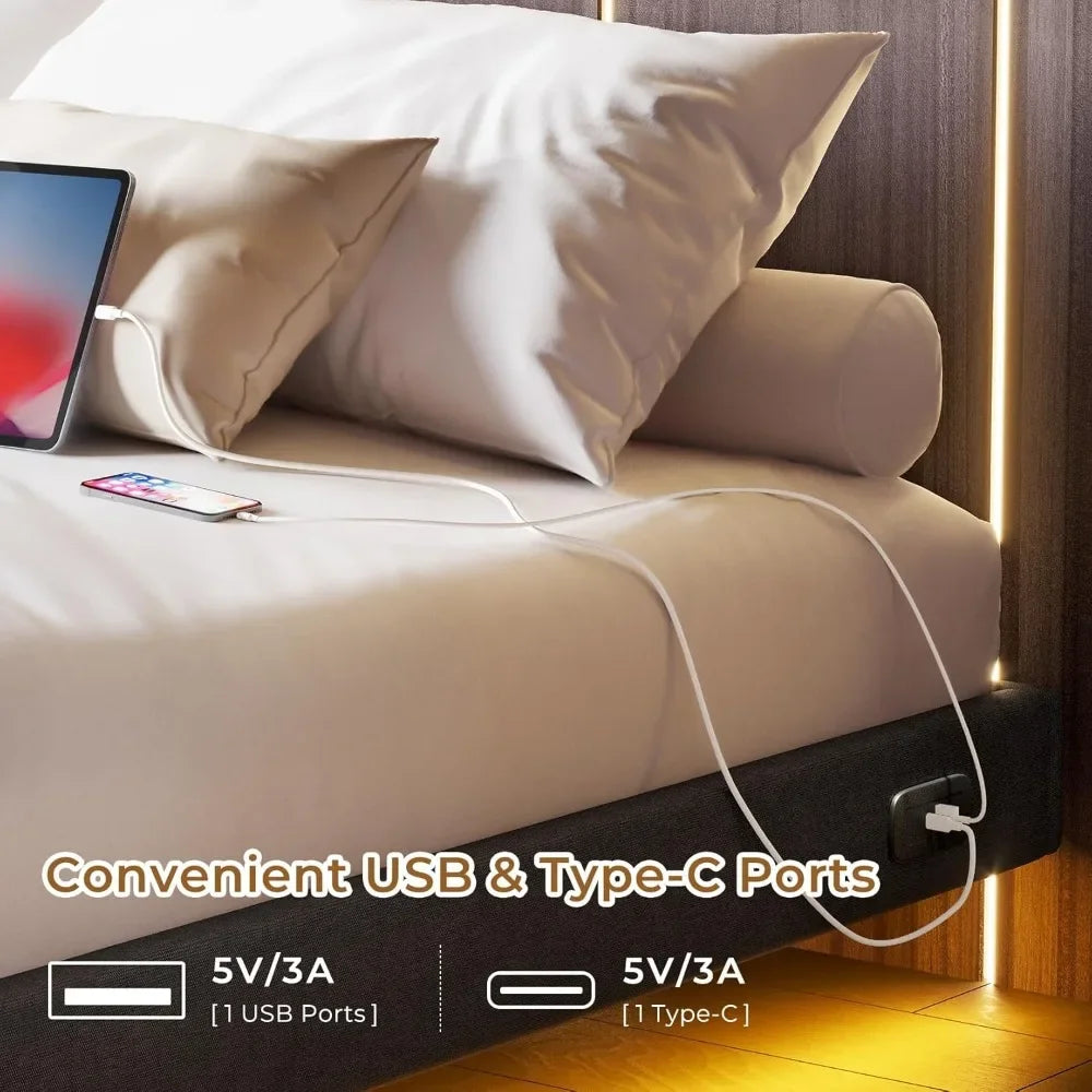 Floating Bed Frame with RGB LED Lights and Type-C & USB Ports - WORLDZii