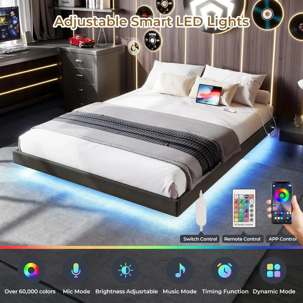 Floating Bed Frame with RGB LED Lights and Type-C & USB Ports - WORLDZii