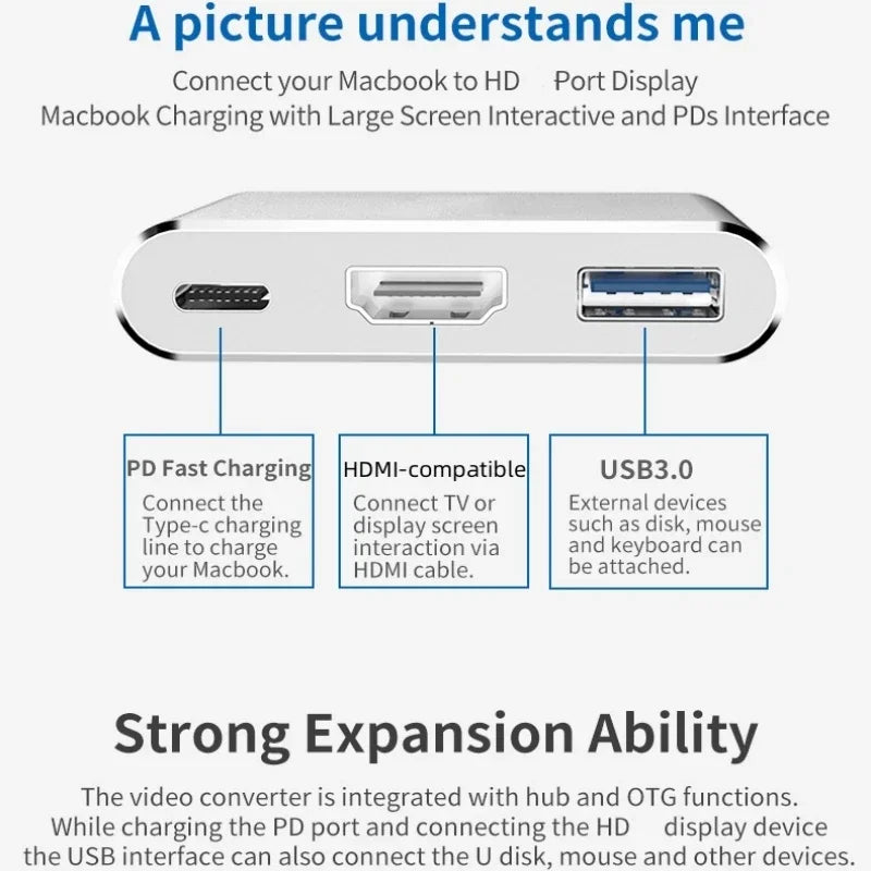 3 In 1 USB-C Hub Male to Female USB 3.0 Charging Adapter - WORLDZii