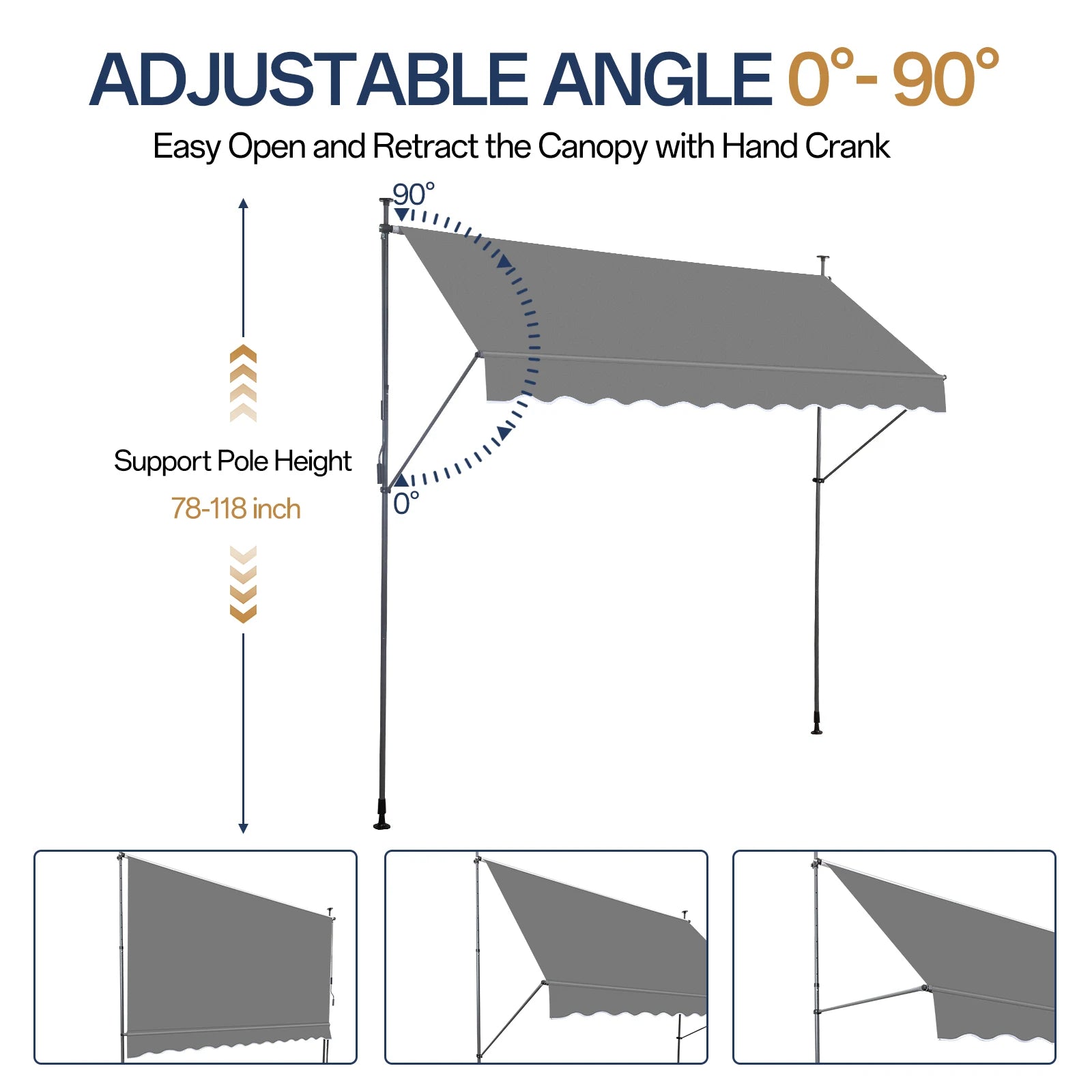 118.1"D X 47.2"W X(78.7 -118.1)"H Retractable Awning Gray - WORLDZii