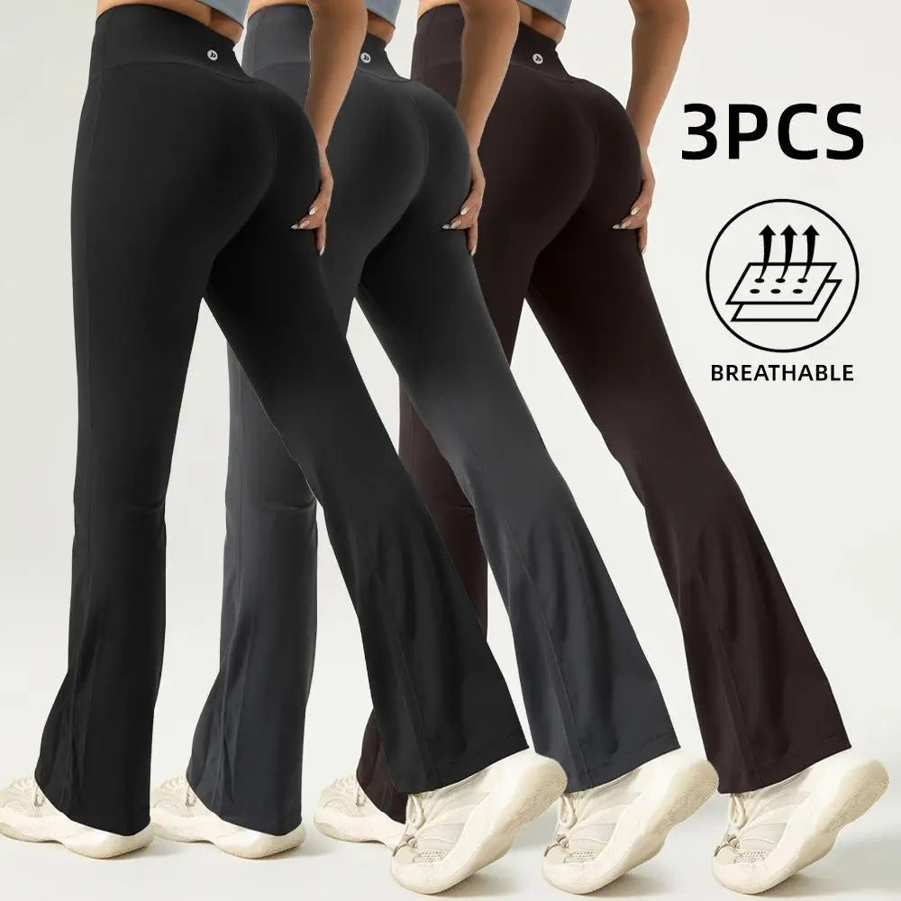 3Pcs women's High Waist Ruched Flare Leggings - WORLDZii