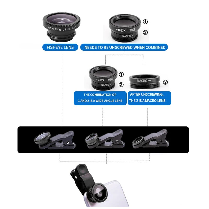 3 IN 1 Zoom Fish Eye Smartphone Lenses with Phone Clip - WORLDZii